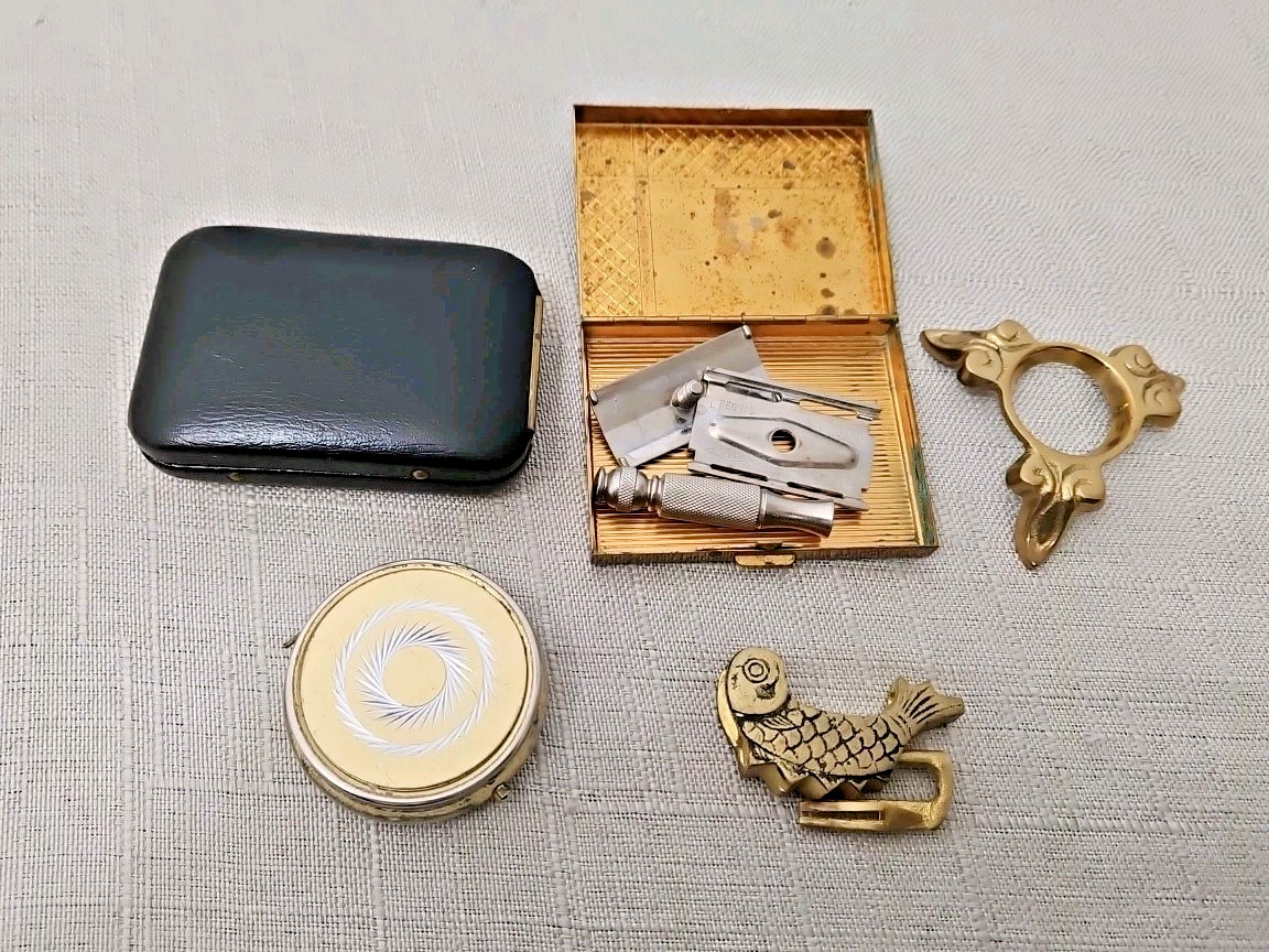 Junk Drawer Vintage Items Grandpa’s Junk Gillette Razor Travel Set Buckle Pill