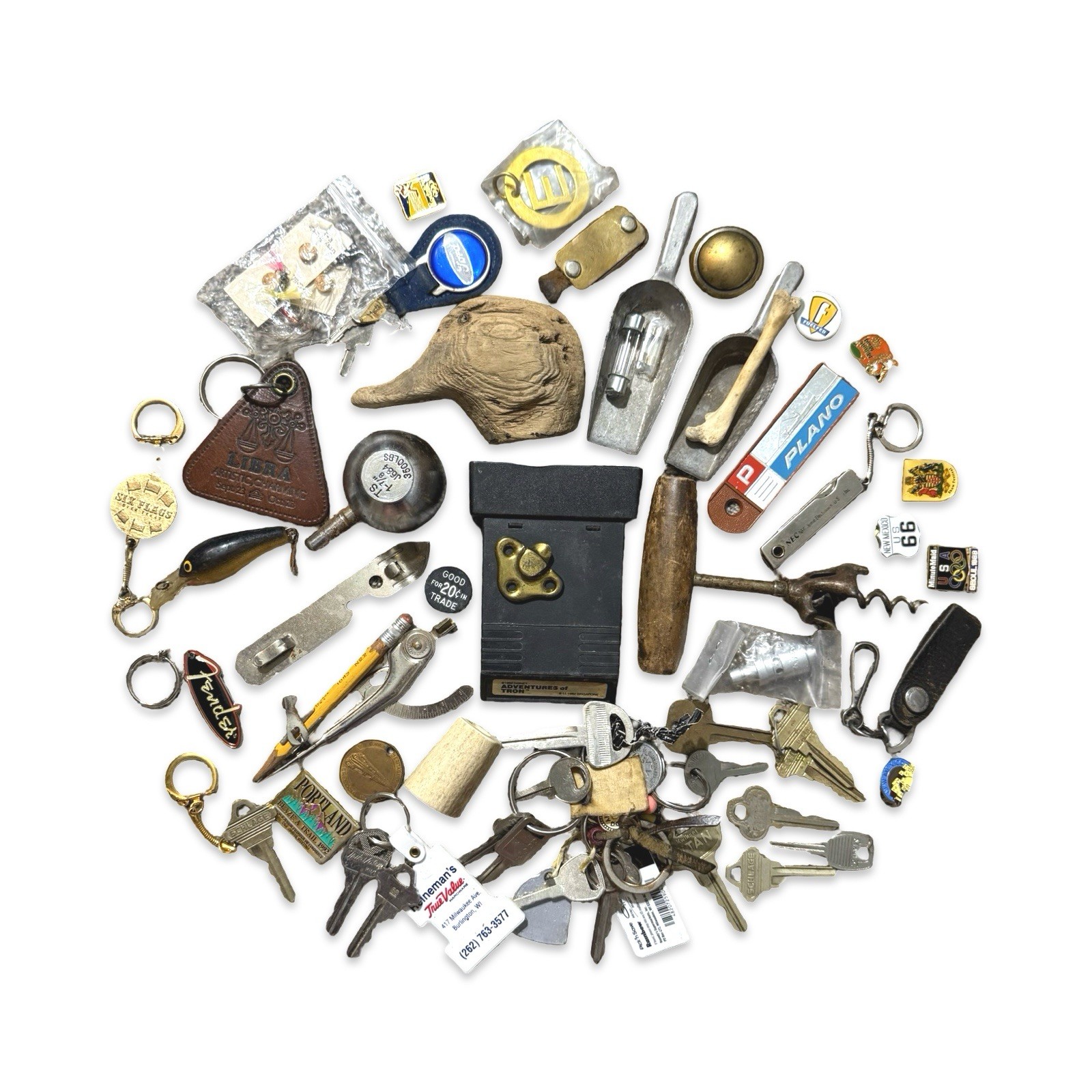 Vintage Junk Drawer Metal Keys Keychains Pins Fishing Lures Collectible Lot