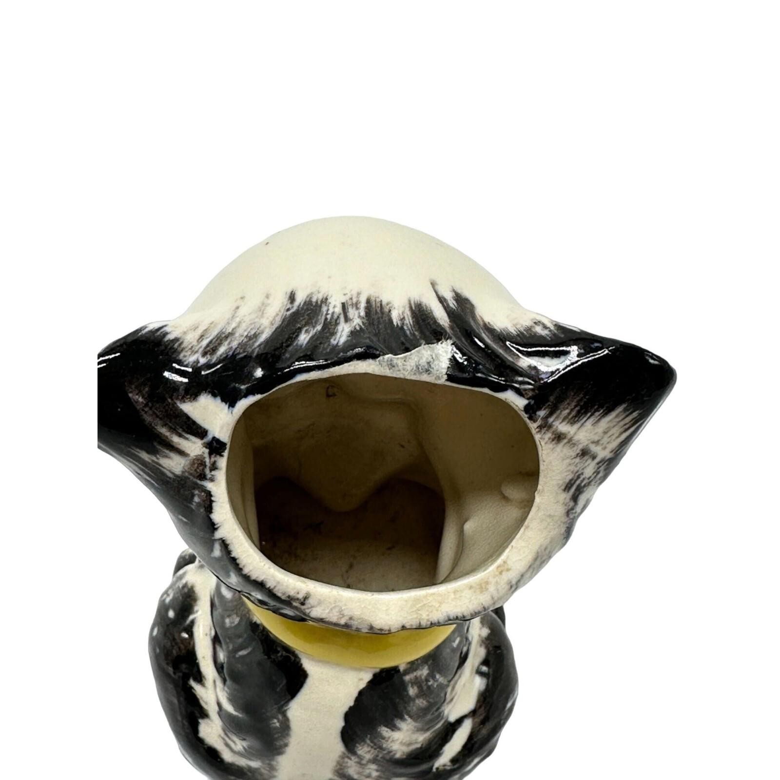 Vintage White Black Porcelain Tiger Striped Yellow Bow Blue Eyed Kitty Vase Rare