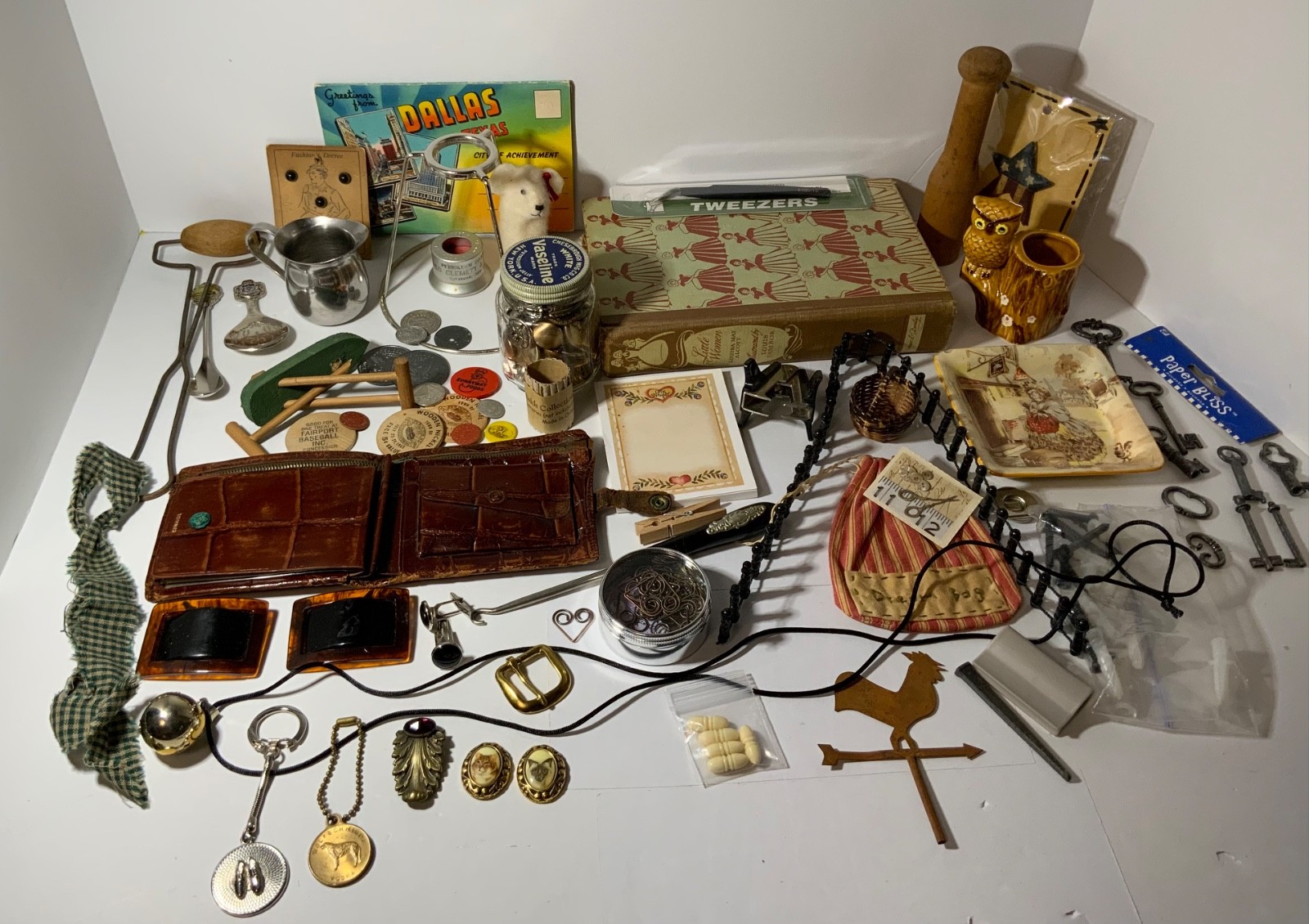 VTG Junk Drawer Lot Assemblage Art Mixed Media Crafts 3.5# Book, Wallet, Buttons