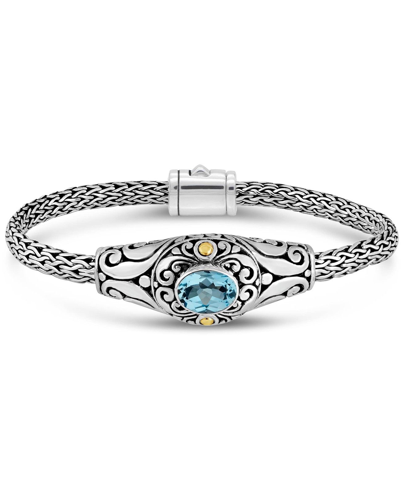 Sterling Silver 925 18K Gold Blue Topaz Bali Dragon Bone Chain Bracelet S7in