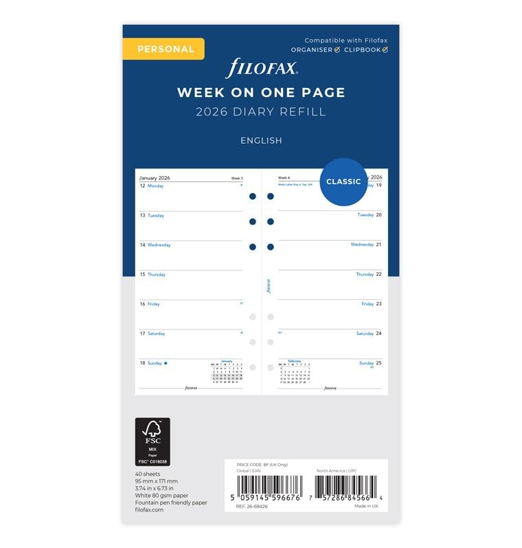 Filofax Week on One Page 2026 Personal Diary Refill, English, 3.74″x6.73″
