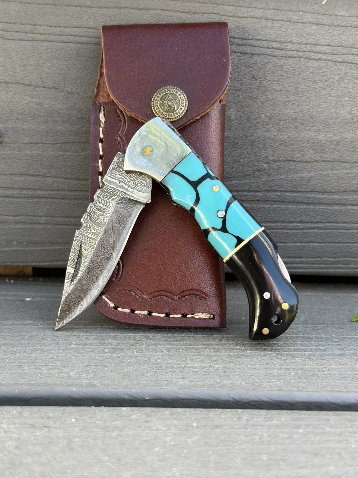 Handmade Tactical Folding Blade Damascus Steel Blue Resin Pocket Knife Edc