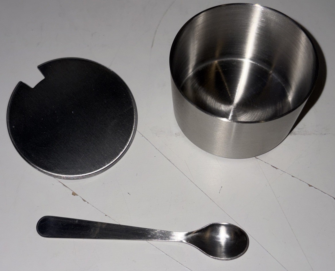 1 RSVP INTERNATIONAL ENDURANCE Brushed Stainless Steel Salt Cellar w/Spoon NIB