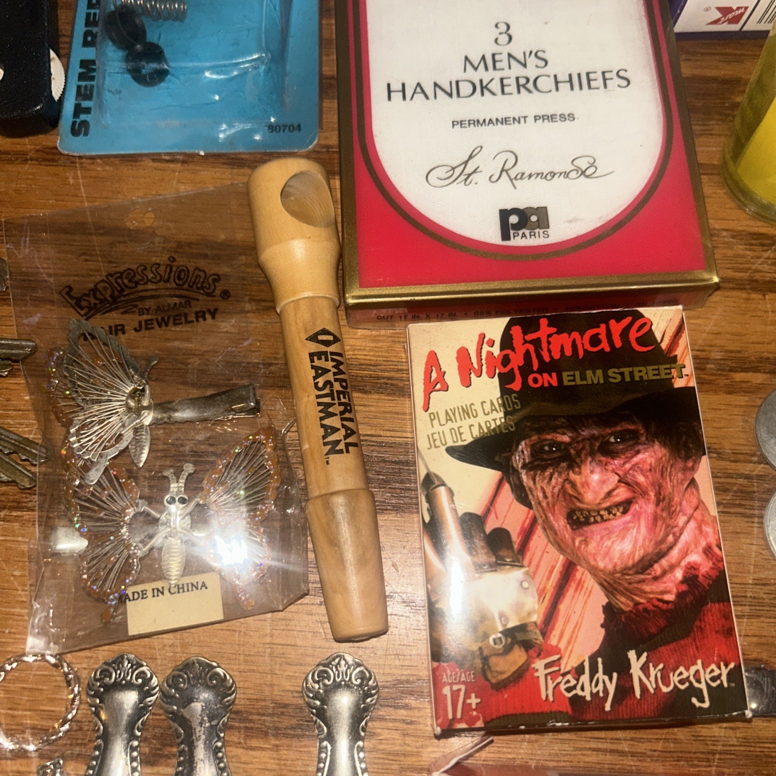 Vintage Junk Drawer Mixed Lot Stuff Jewelry Spoons Cards Umpire