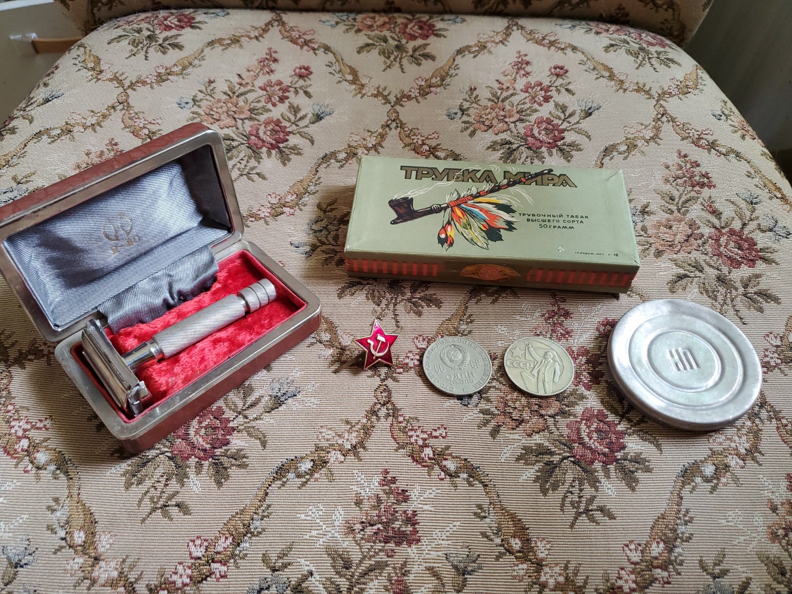 Vintage USSR Soviet Military & Daily Life Lot – Tobacco Box, Safety Razor, Coins