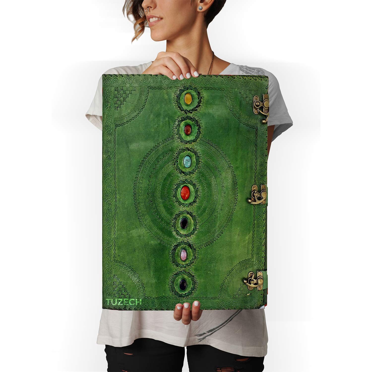 TUZECH Seven Chakra Handmade Leather Journal, Book of Shadows, Green 18″