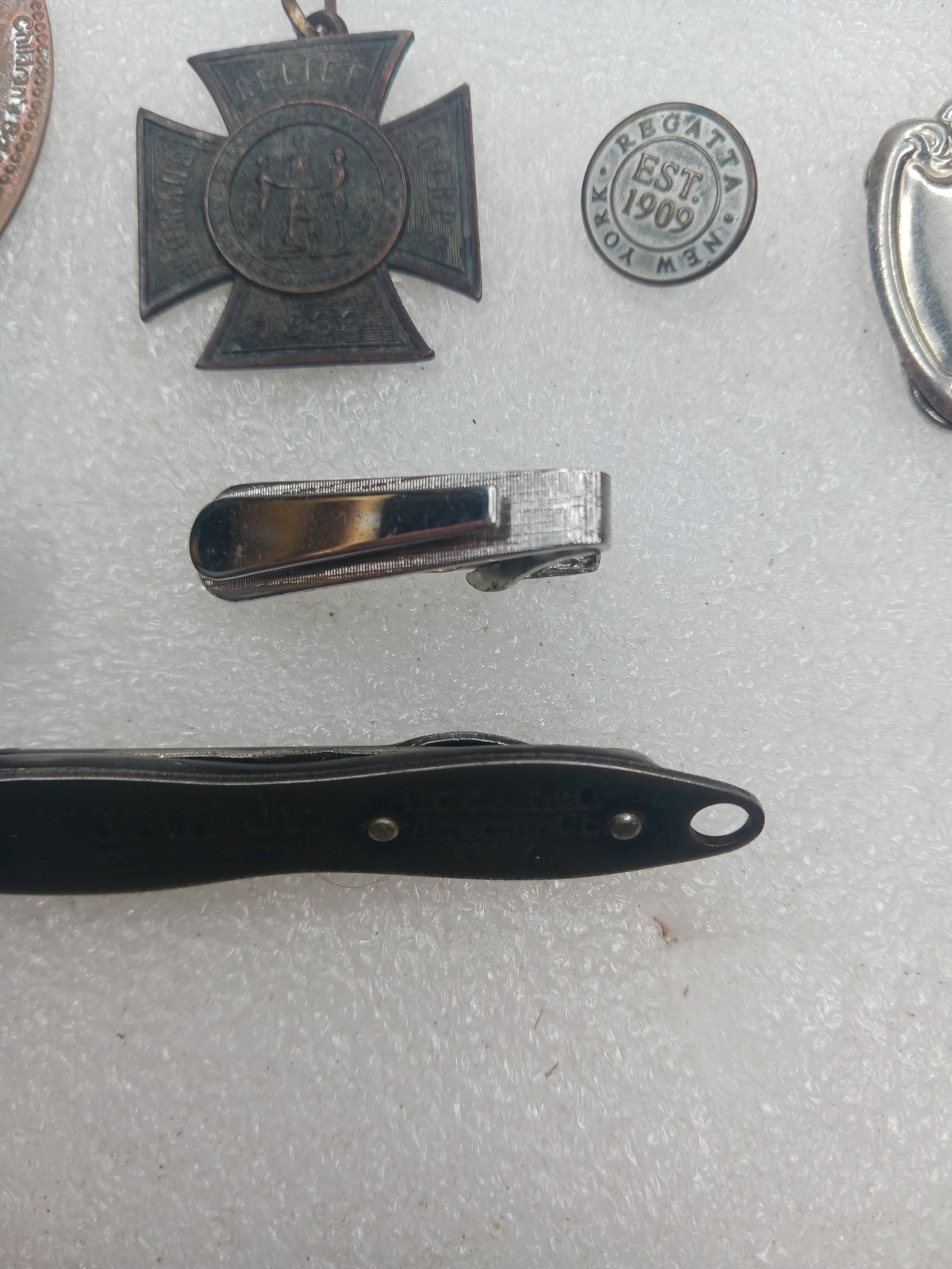 Vintage Junk Drawer Lot Military Medal Pins Tokens Tie Clips Coins Gem Jr…