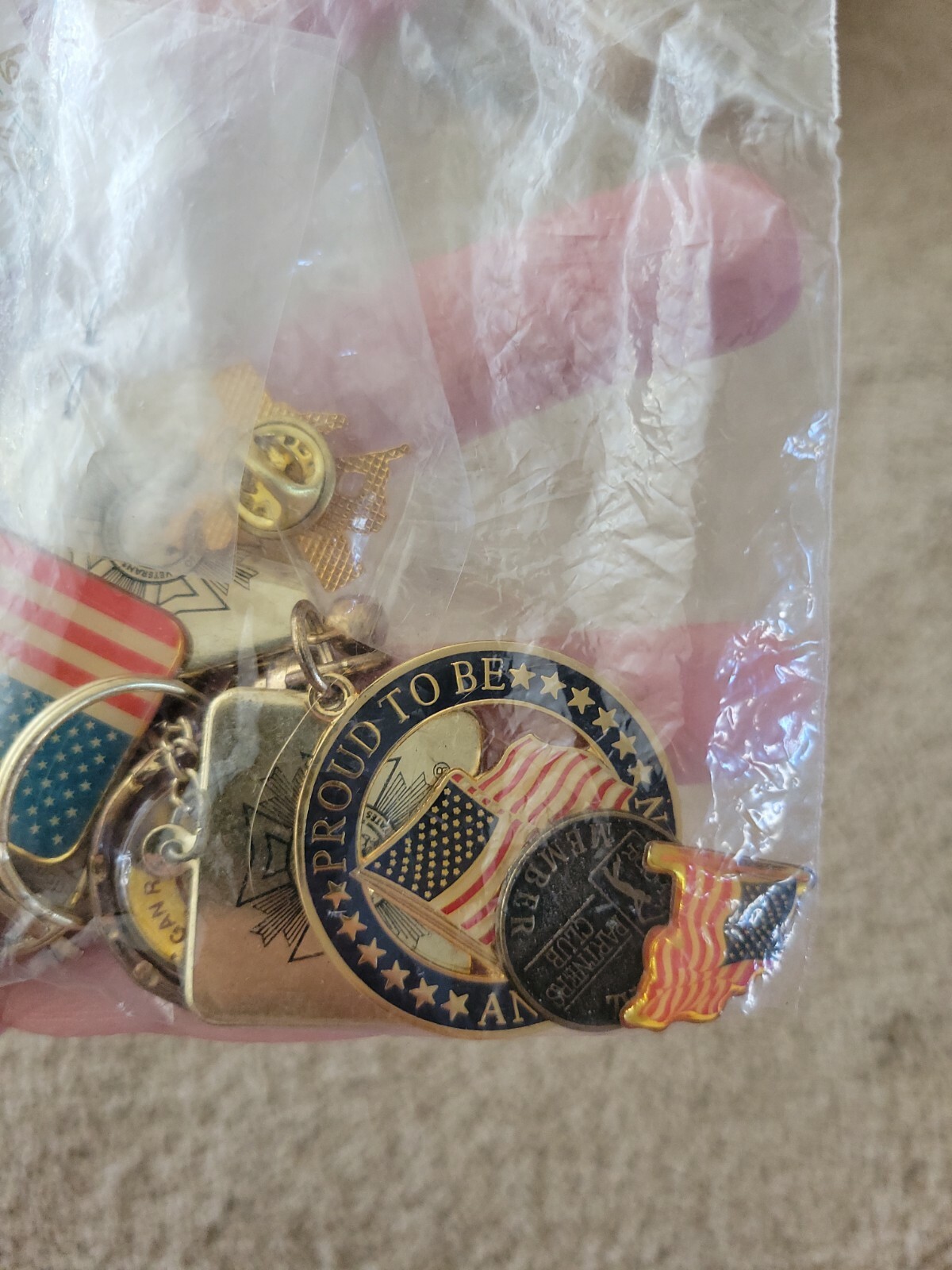 Assorted Lot Of Patriotic Pins Keychains And Misc Junk Drawer Lot