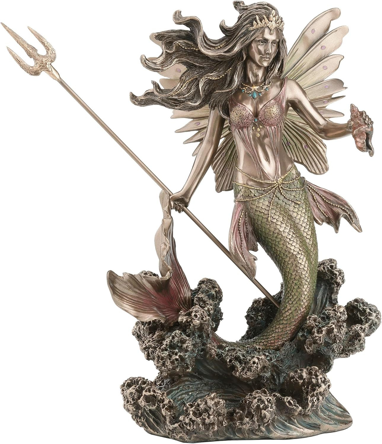 Queen Mermaid Fairy Sculpture with Trident – 9.1 Inch Bronze Finish Decor