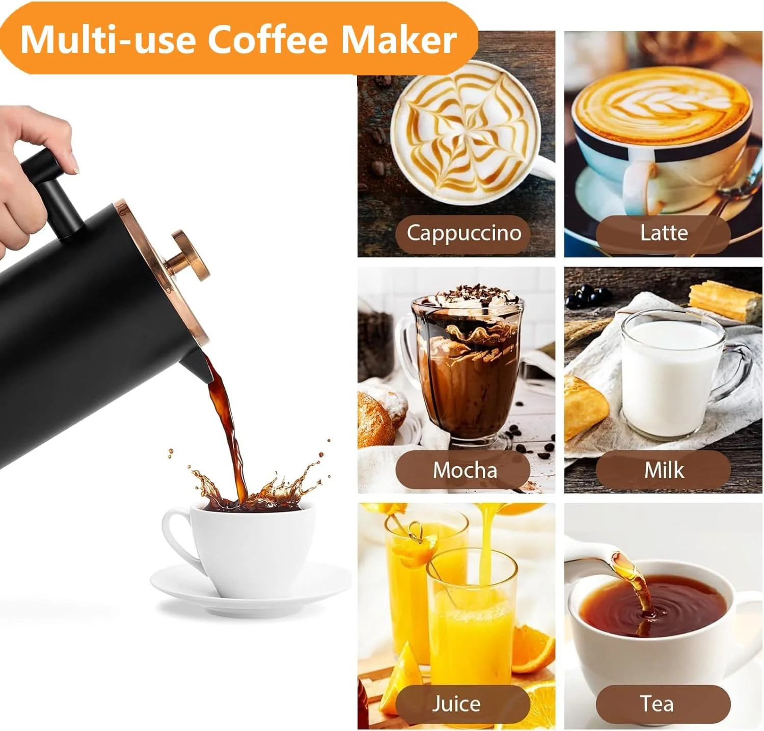 Small French Press Coffee Maker 350ml/12oz, Black Stainless Steel Double-Wall In