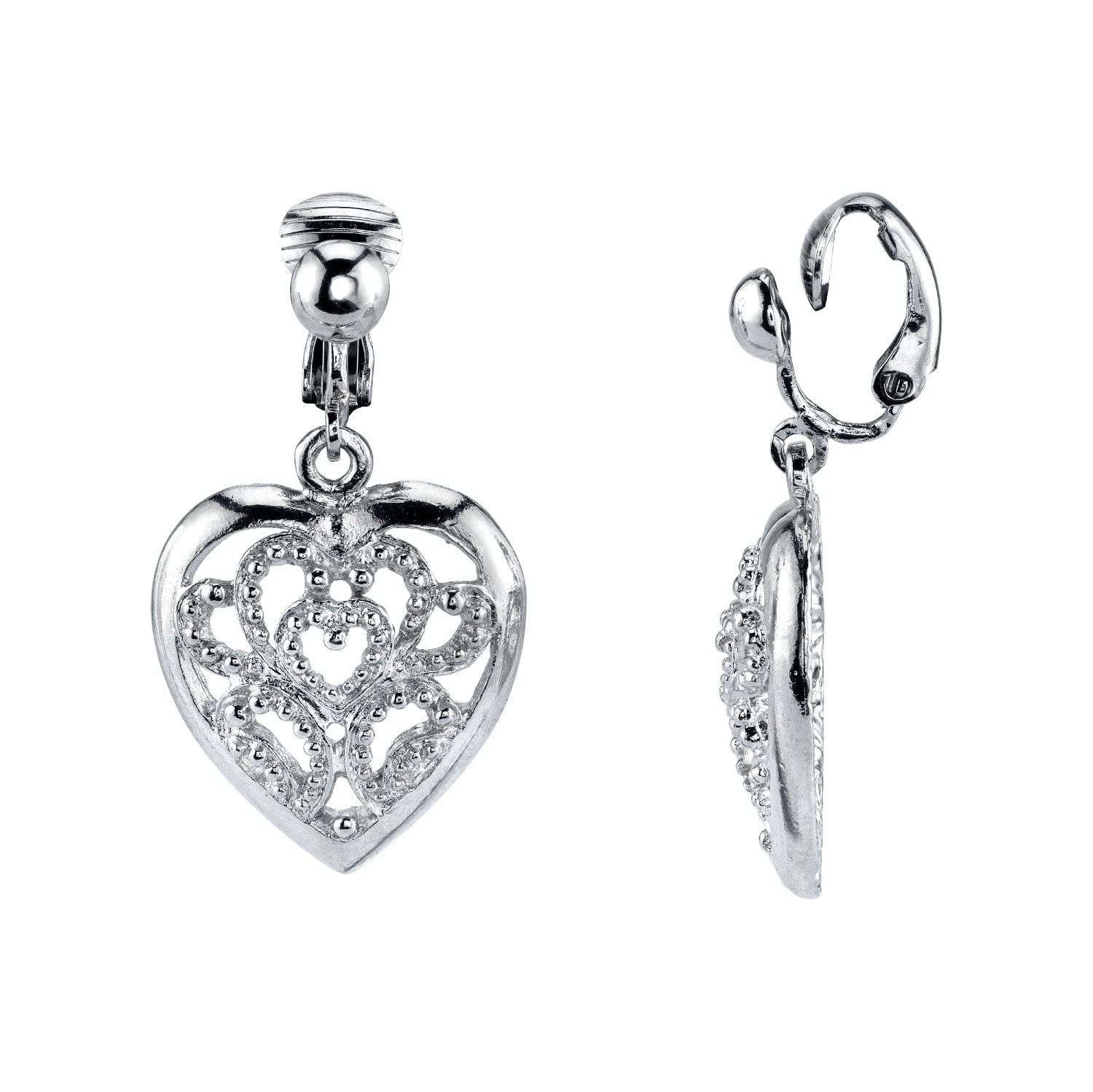 1928 Jewelry Filigree Heart Drop Clip On Earrings Silver Non Piercing Womens