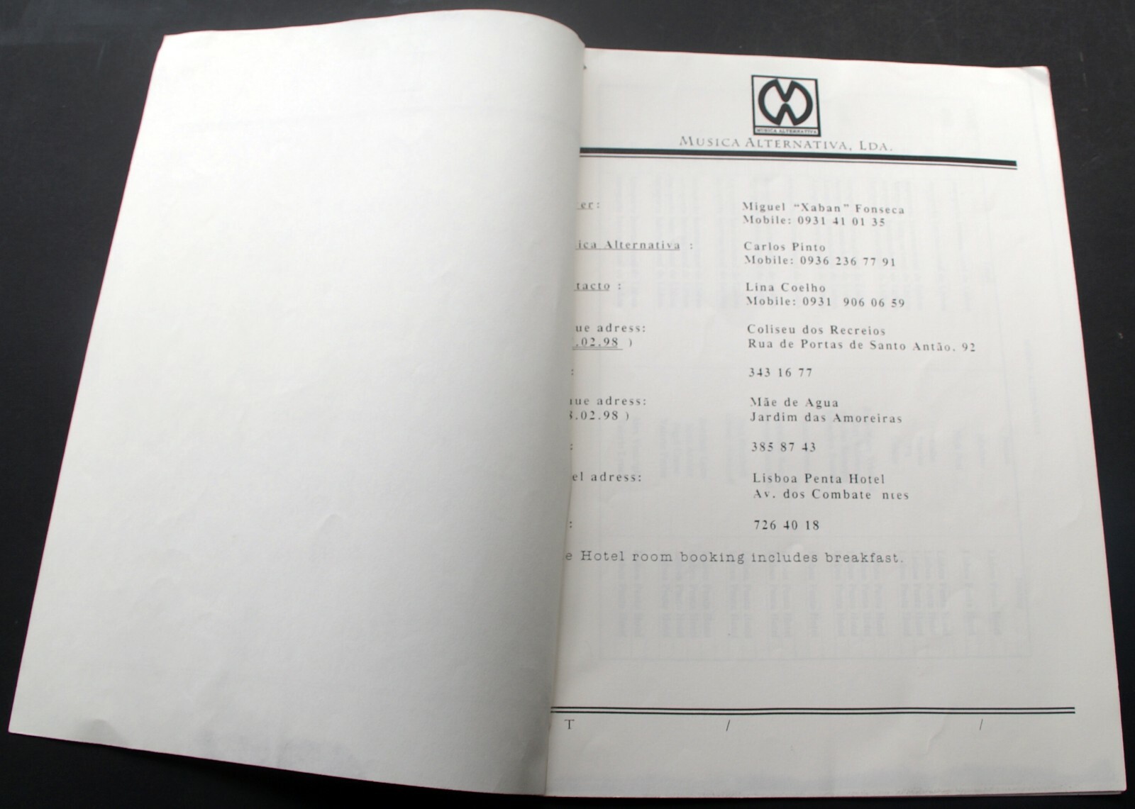 Moonspell Itinerary Original Vintage Lacuna Coil Tour Lisbon 1998
