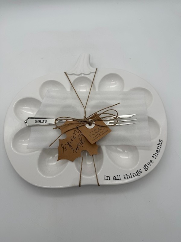 Mud Pie Pumpkin Shaped Deviled Egg Platter and Fork Set New