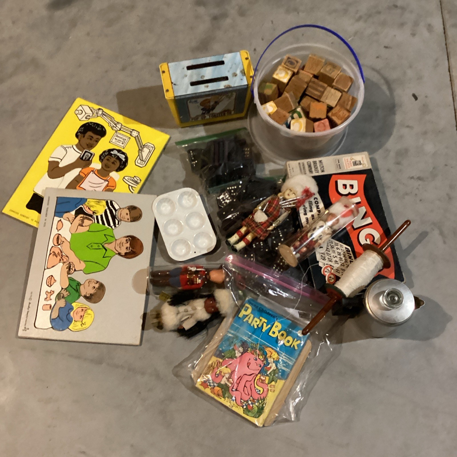 Junk Drawer Lot of Vintage & Antique Children’s Toys Blocks Dominoes Puzzles etc