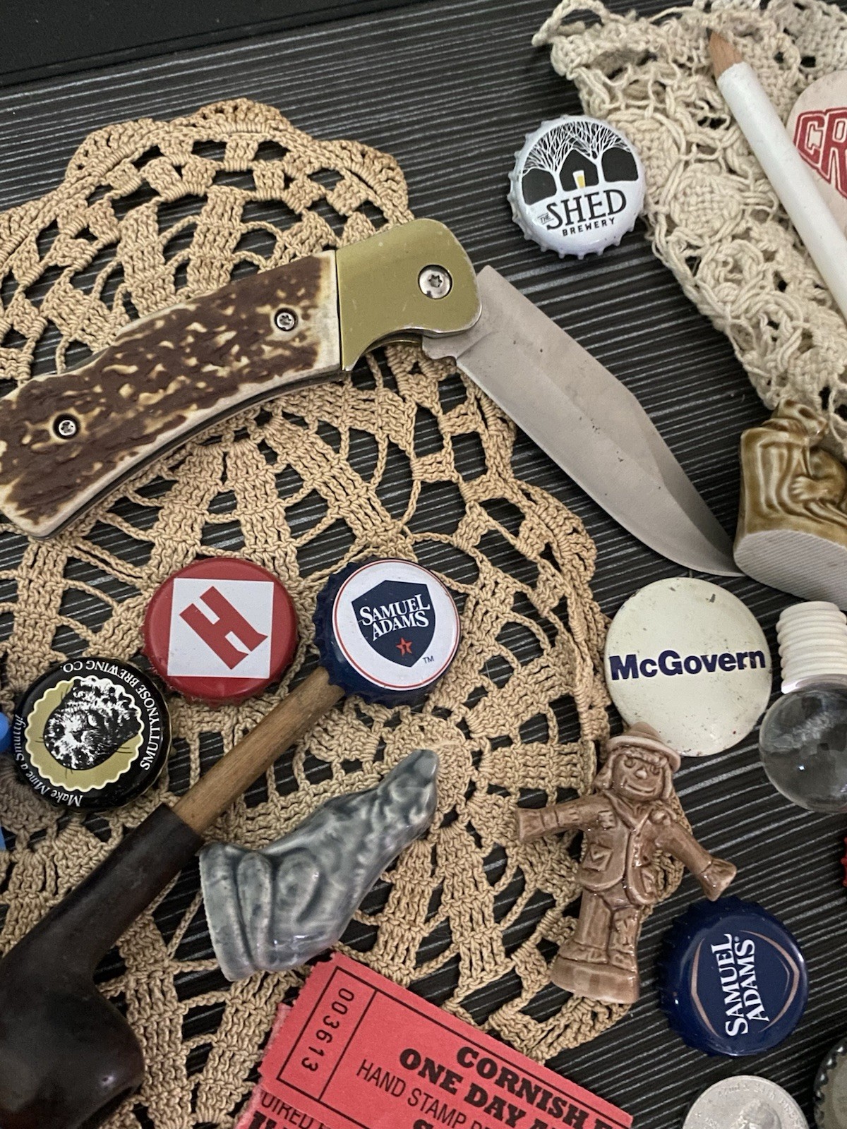 Vintage Estate JUNK DRAWER Lot Pipe Token Knife Morton Salt Bottle Top Caps