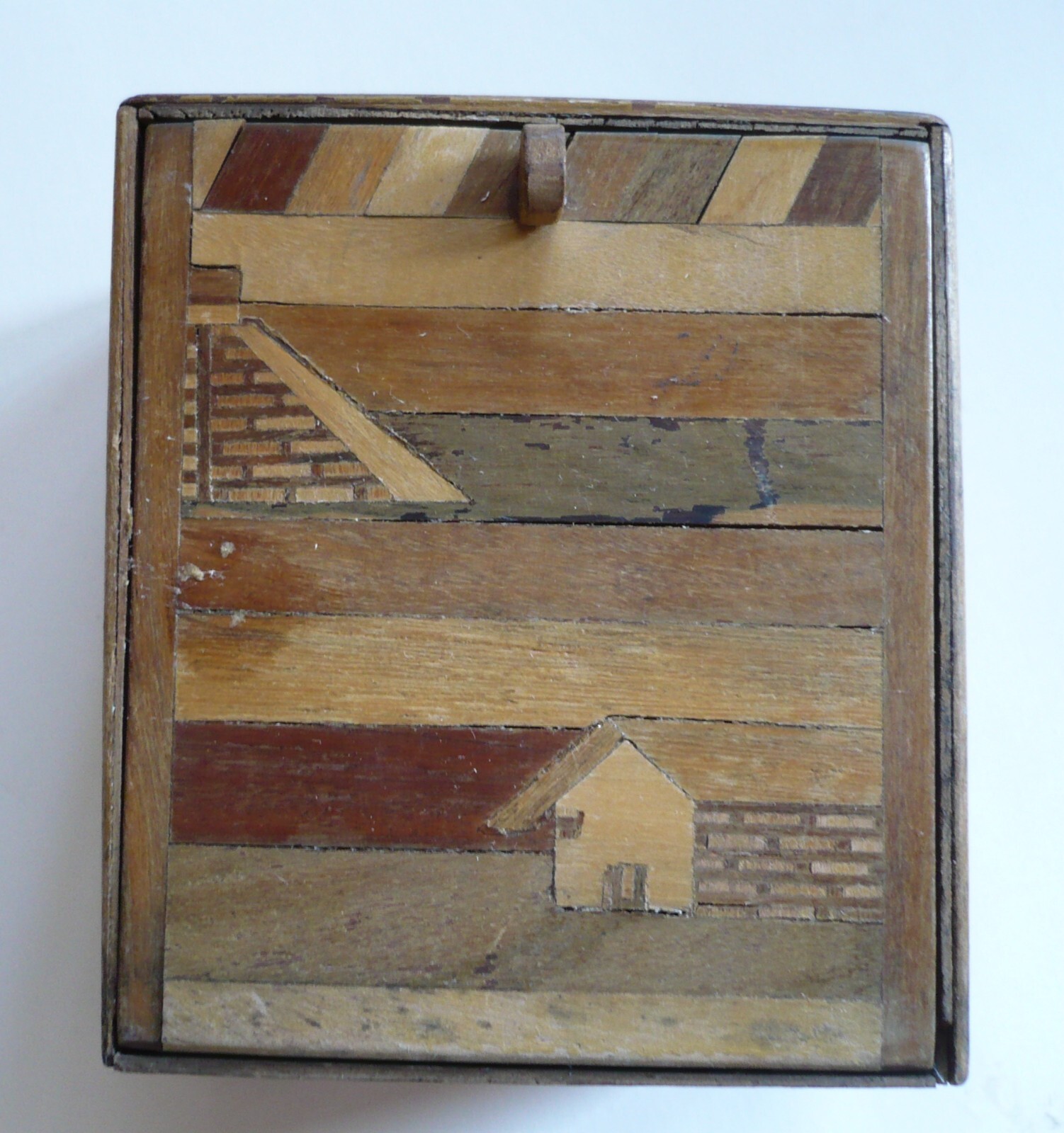 SMALL HAND CRAFTED INLAID WOOD BOX, FOLK ART, WOOD WOODEN CURIO BOX PRIMITIVE