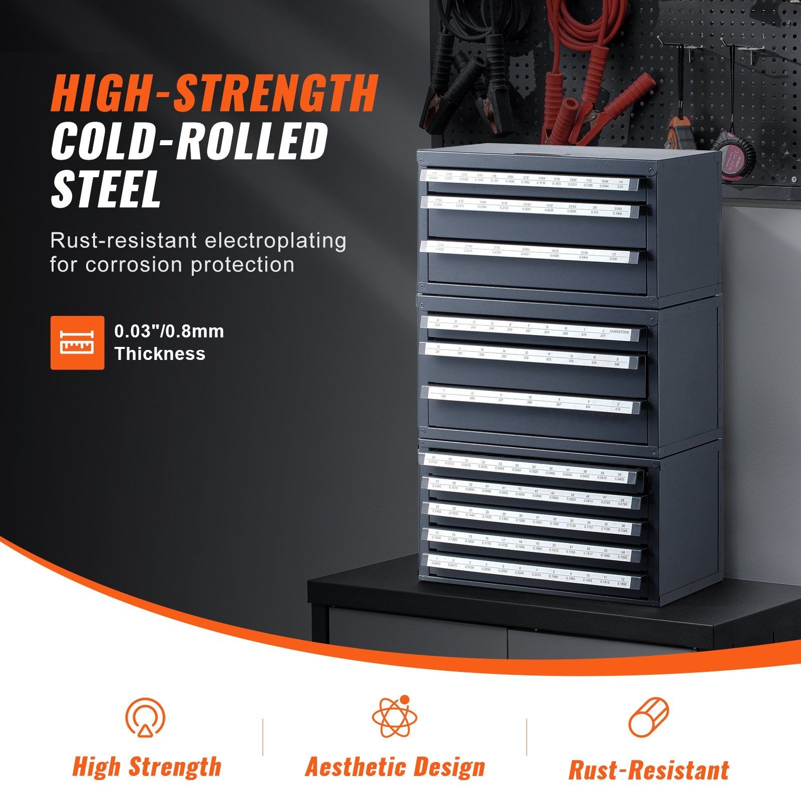 5-Drawer 333lb A-Z & #1-#60 Gauge Drill Bit Organizer, Stackable 3x3x3