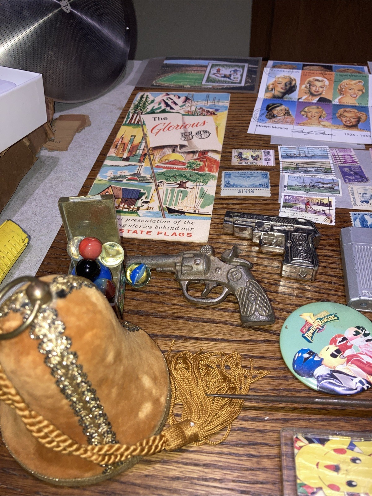 Junk Drawer Lot Trinkets Stamps Brass Coca Cola Marbles Cap Gun Collectibles #1