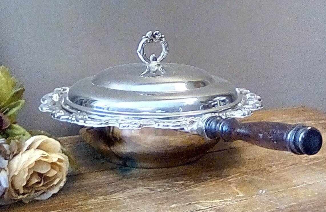 Vintage Silver Plate Serving Dish with Lid and Glass Insert, Fire King 2 Quart