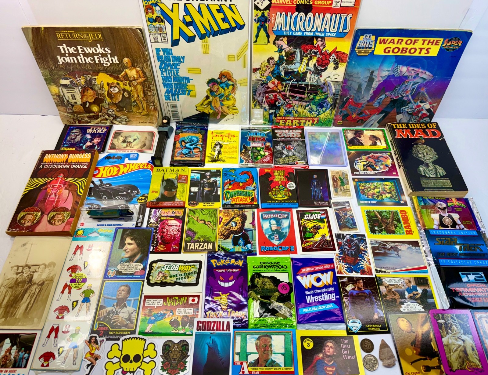 Junk Drawer Lot Non-Sports Cards Packs Marvel Clockwork Orange Go Bots US Coins