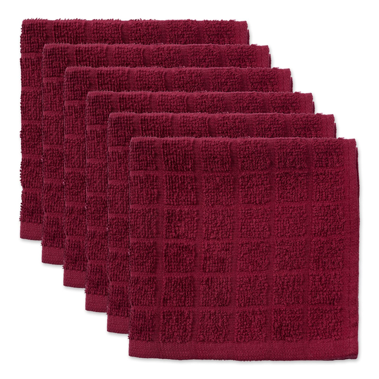 DII Cotton Terry Windowpane Dish Cloths, 12″x12″, Set of 6, Solid Wine