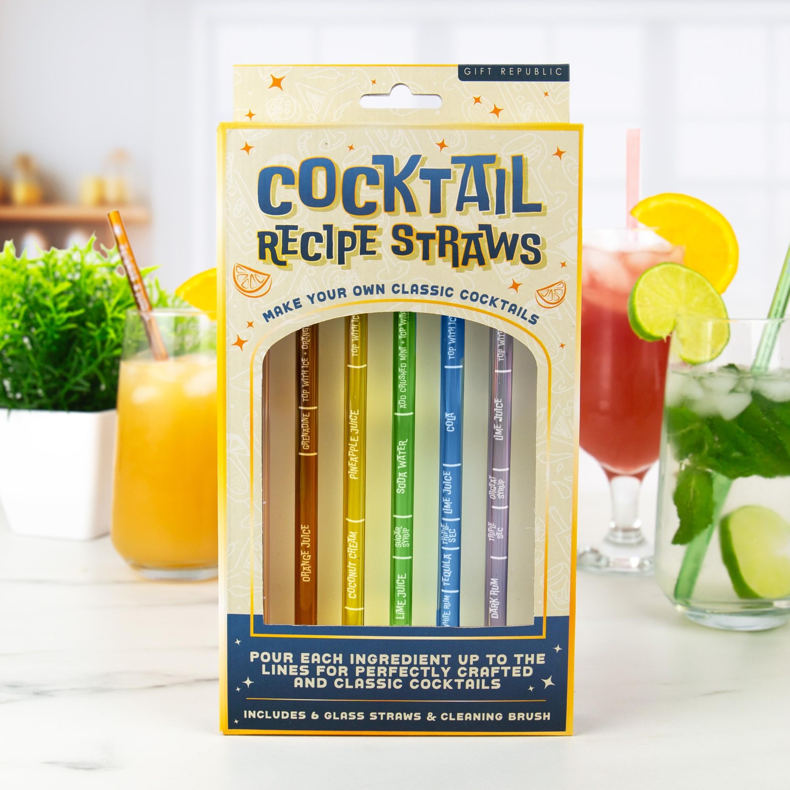 Gift Republic Cocktail Recipe Glass Straws Set 6 Reusable with Cleaning Brush