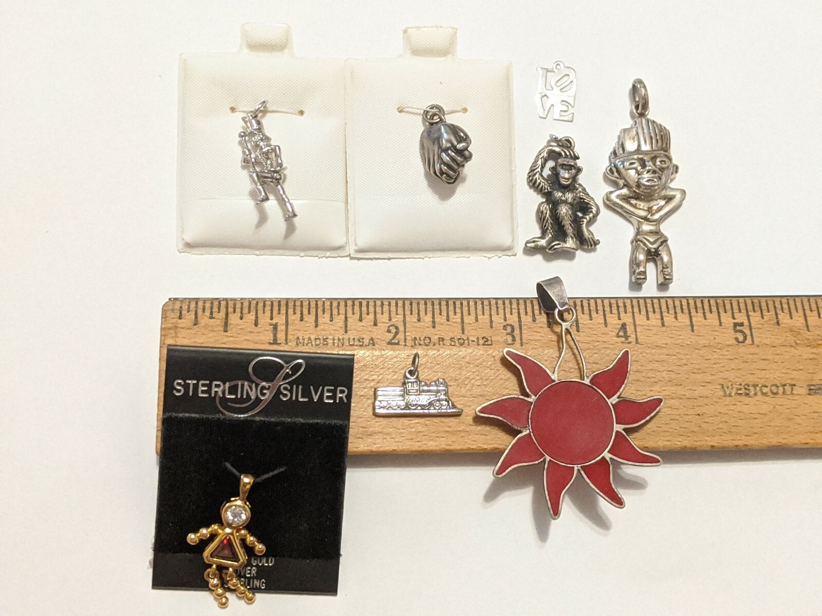 8 CHARMS PENDANTS LOT FIST, LOVE, MONKEY & MORE SOME STERLING SILVER