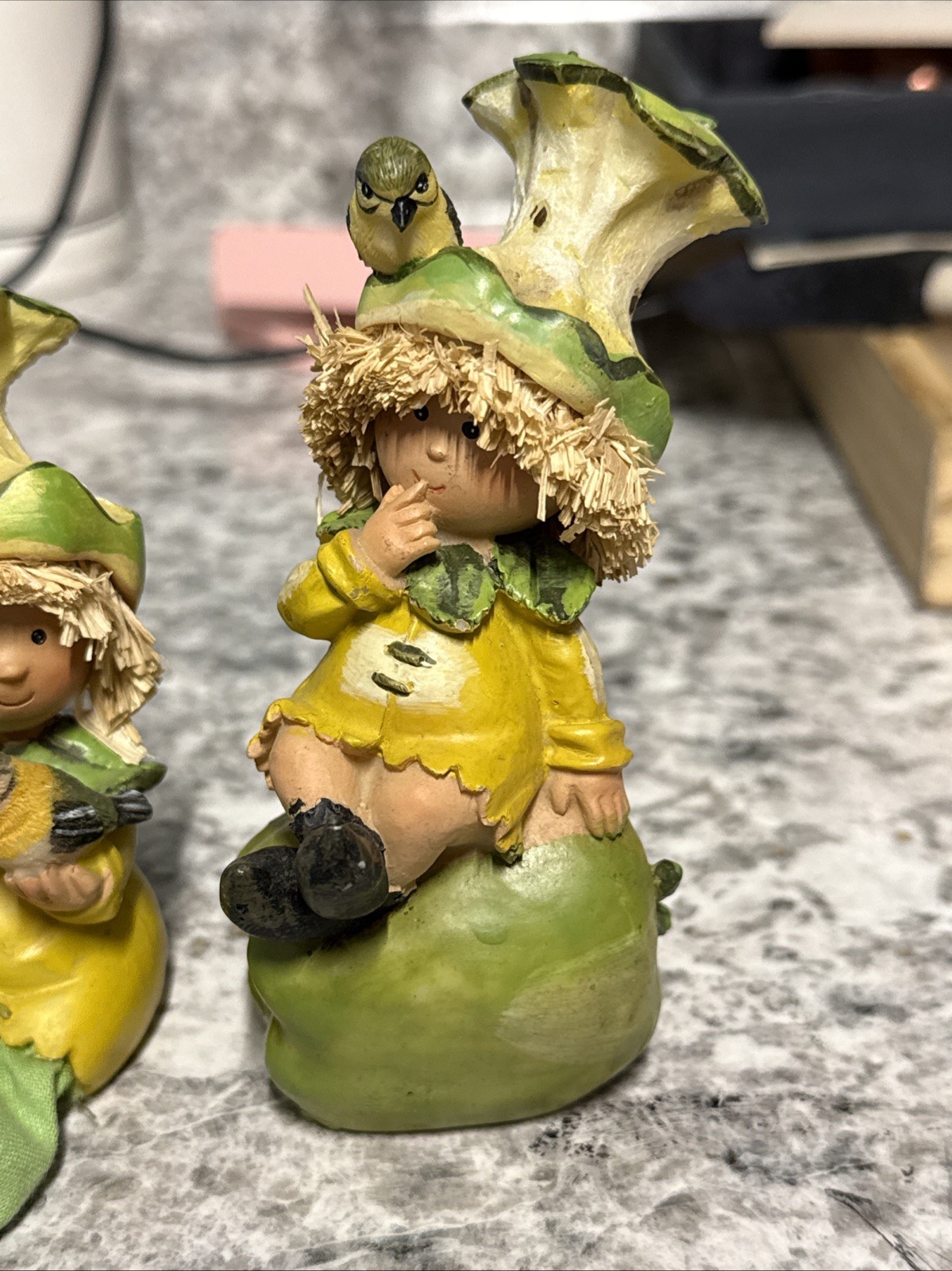 Vintage SET Resin Elf Figurine w/ Bird on Green Apple, Whimsical Decor (4.75″)
