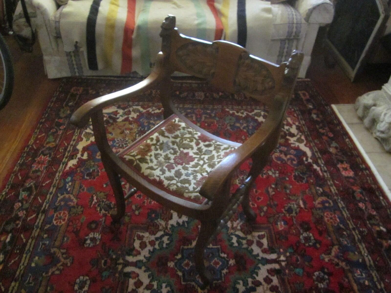 1 Victorian Quarter-sawn / Tiger Oak Harpies / Lions Campaign Chair, upholstered