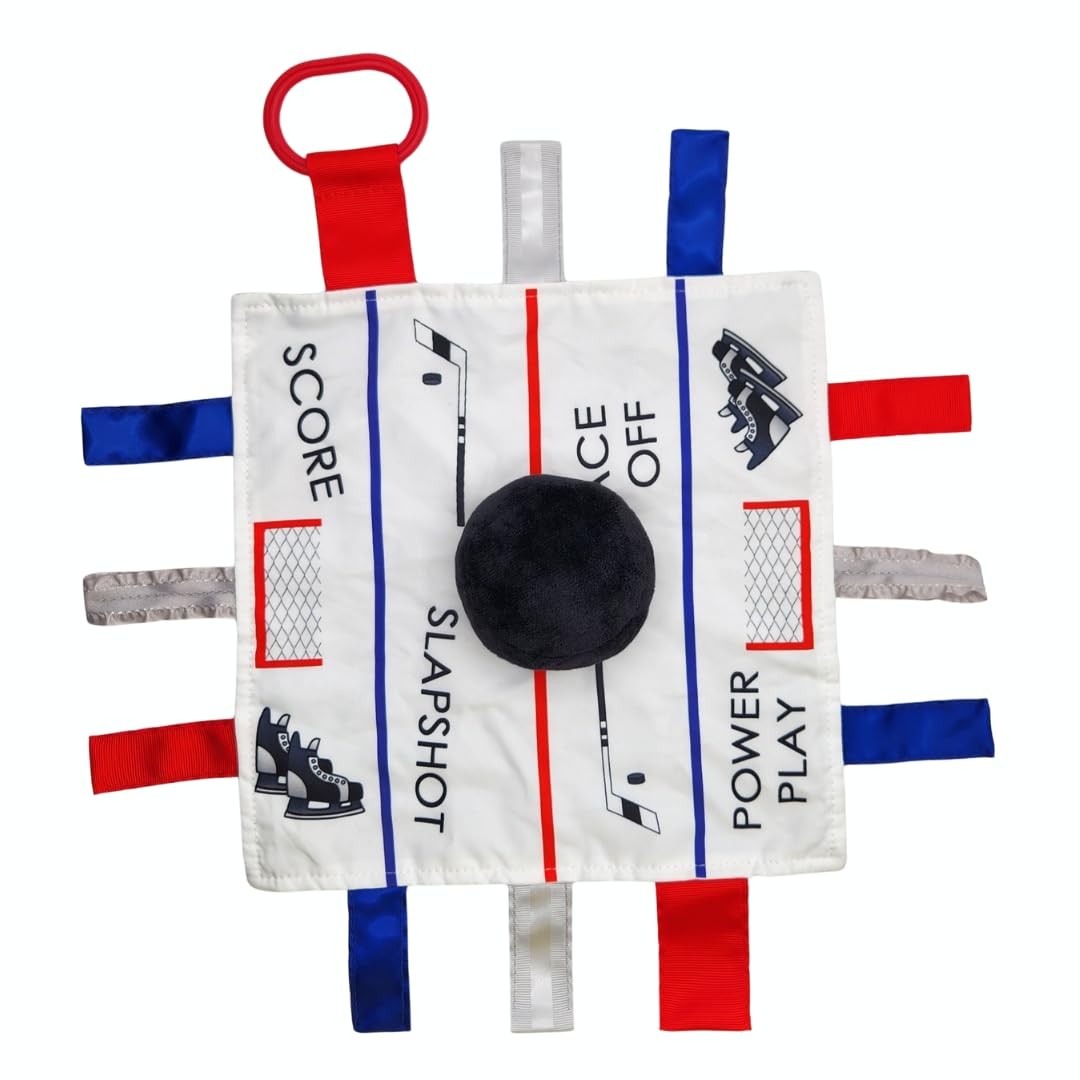 Baby Hockey Educational Teething Ribbon Tag Lovey Blanket Plush 10×10 Inch