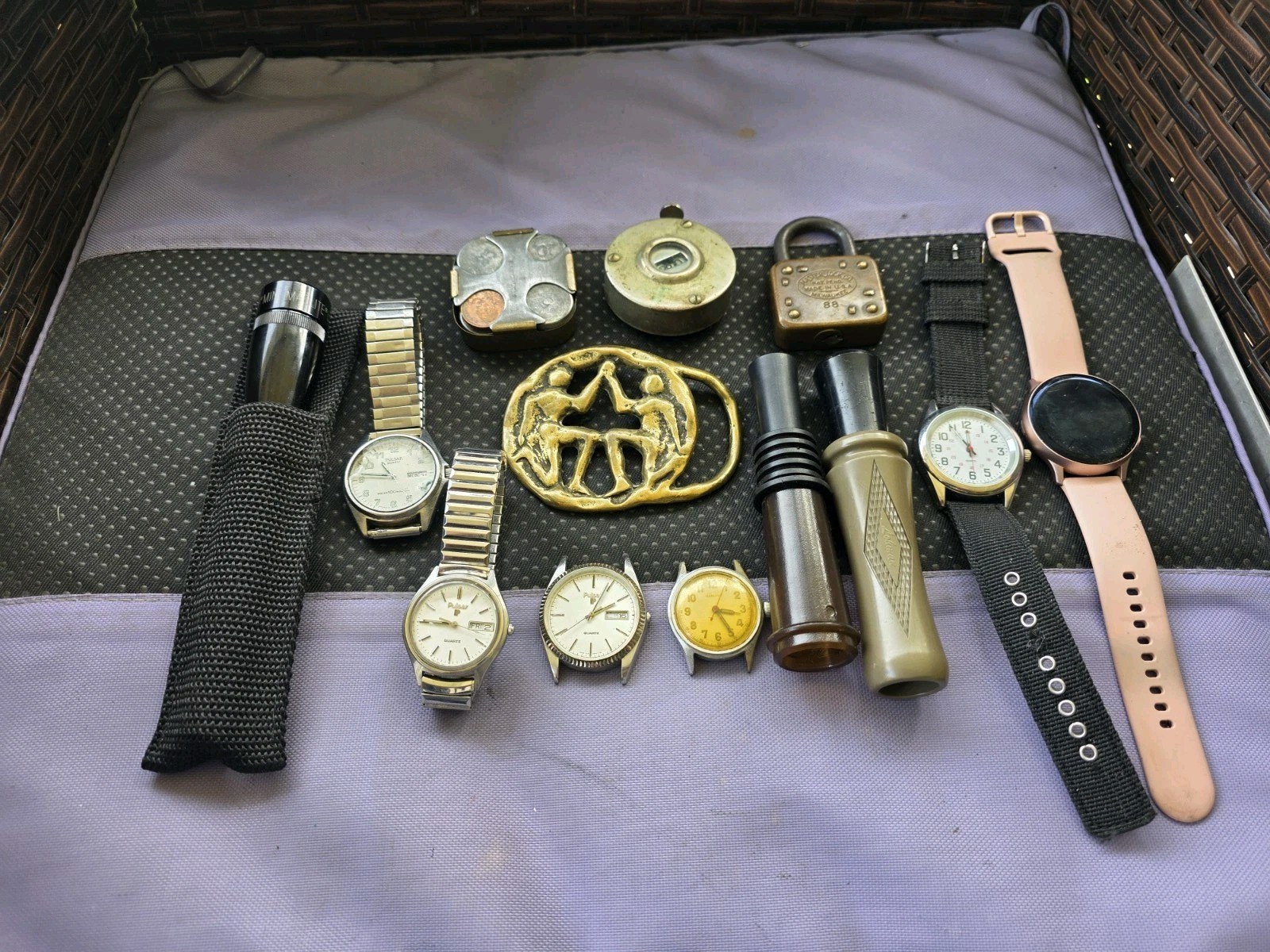 Grandpas Junk Drawer Lot, miscellaneous items, watches, Buckles etc Pre Owned D7