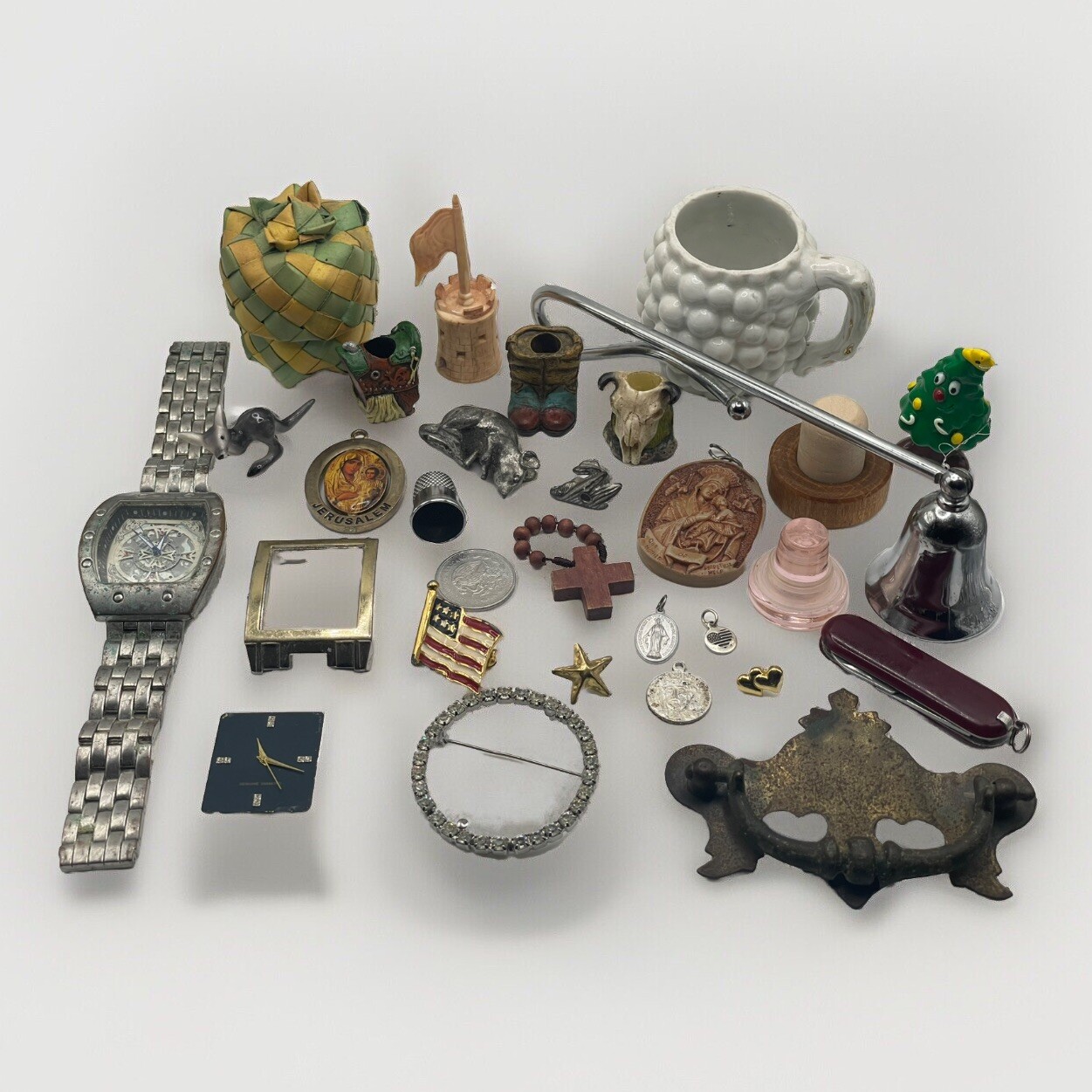 Vintage Junk Drawer Lot Knife Watch Parts Coin Medal Pin Thimble Ornament 30 PCs