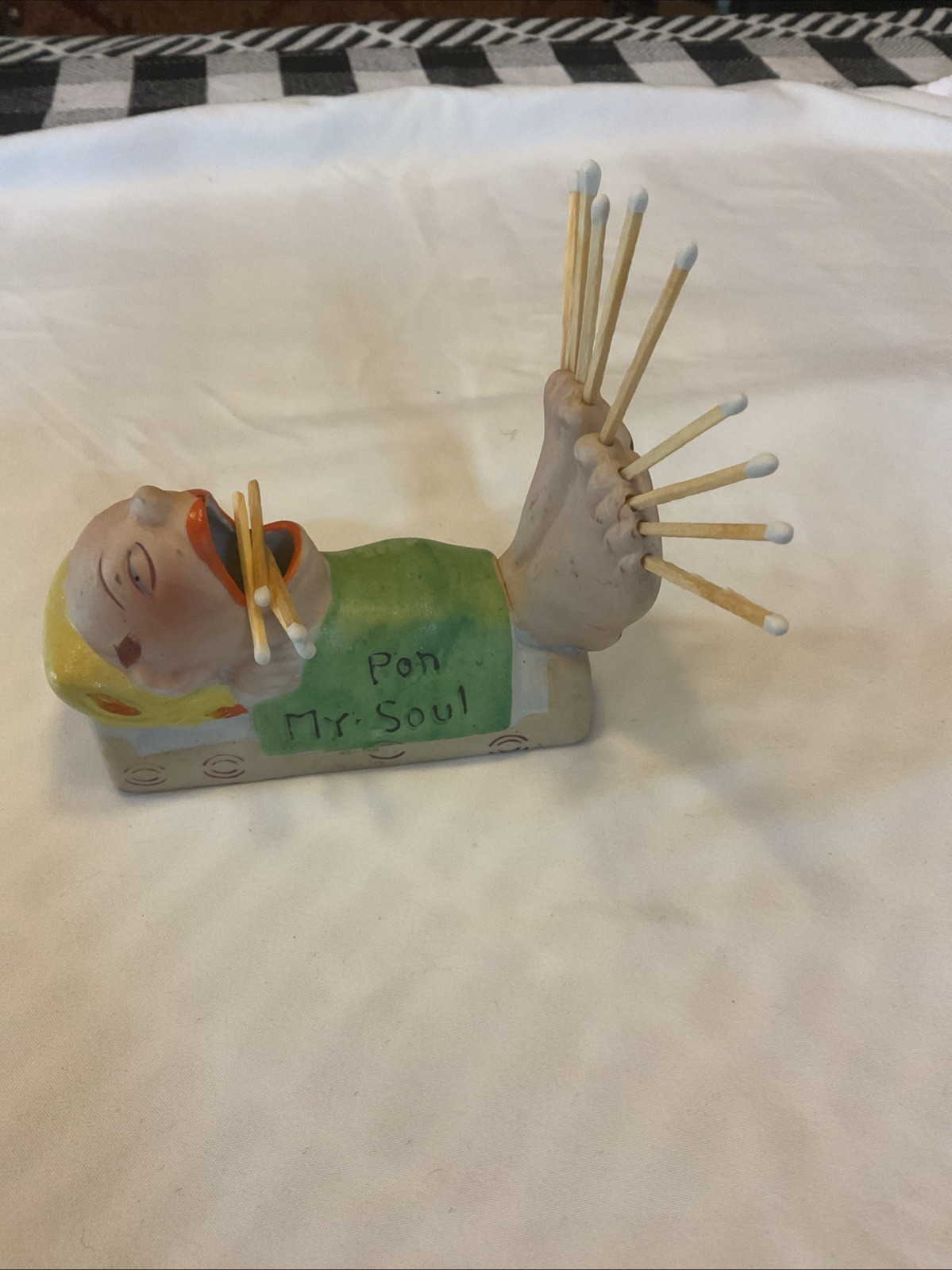 Vintage Whimsical Character Hand-painted Ceramic “Pon My Soul” Match Holder