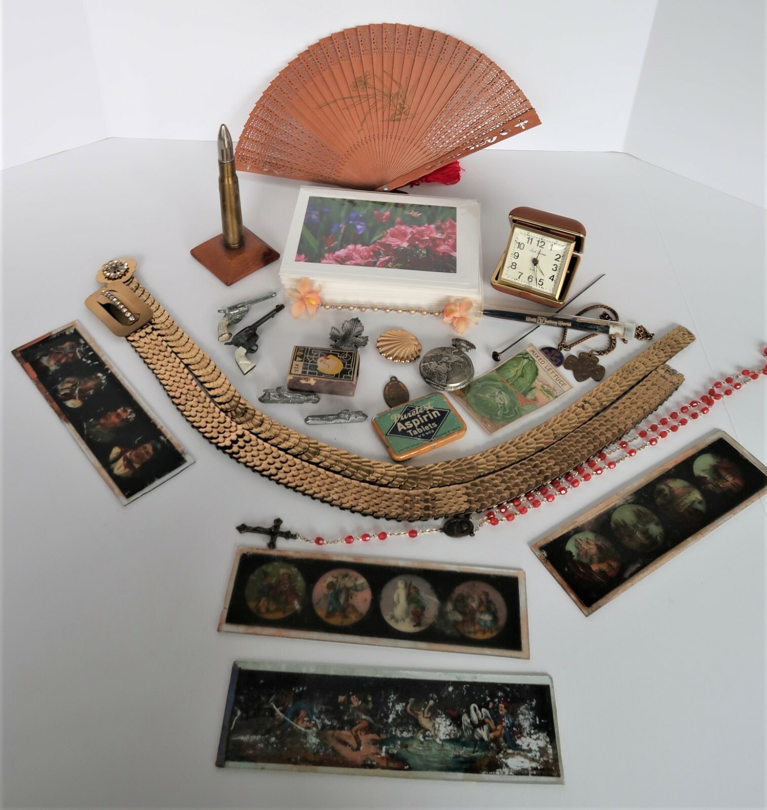 Junk Drawer Lot Belt, Rosary, Slides, Fan, Seth Thomas Clock, Vtg Ad Tins & More