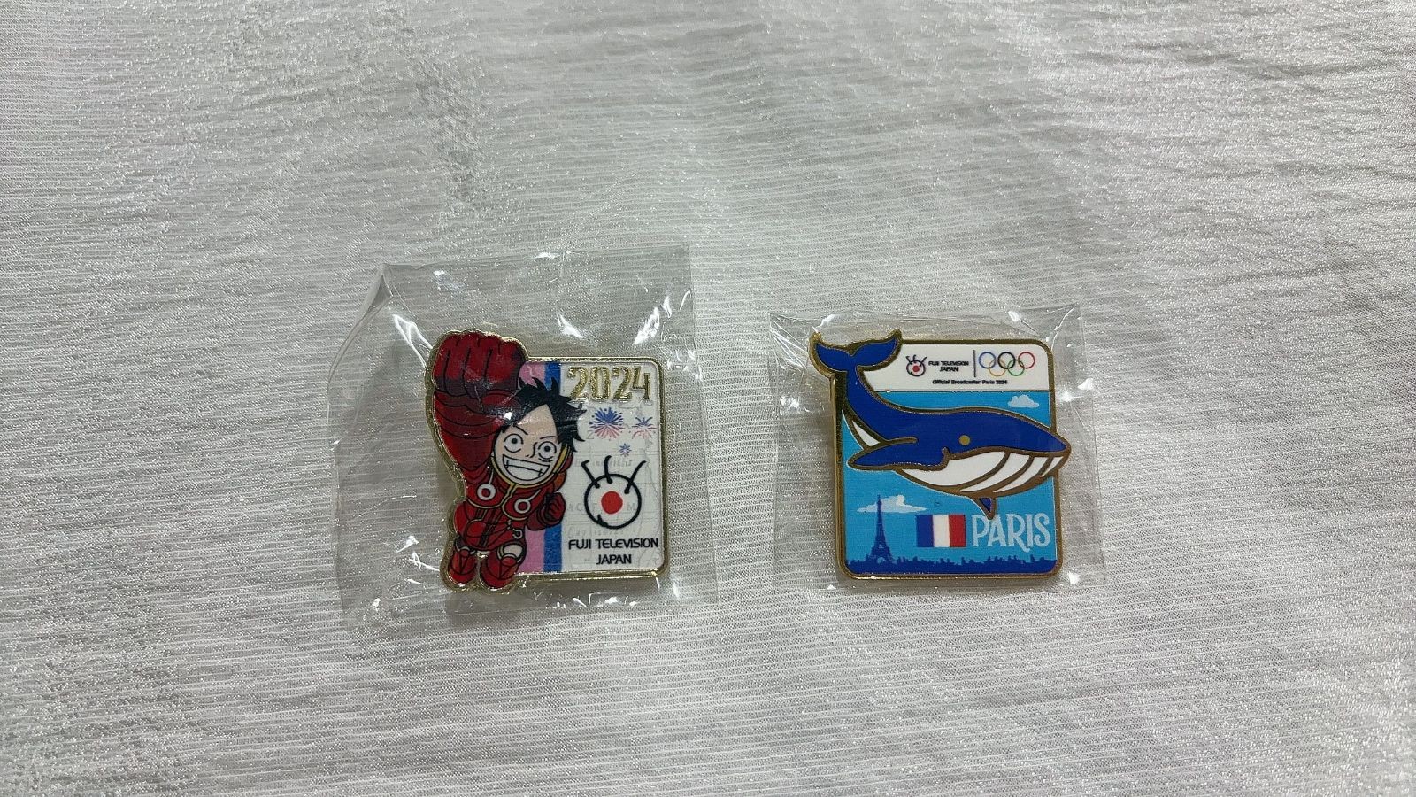 Luffy Paris Olympics Fuji TV Media Pins Set of 2 Used Damage