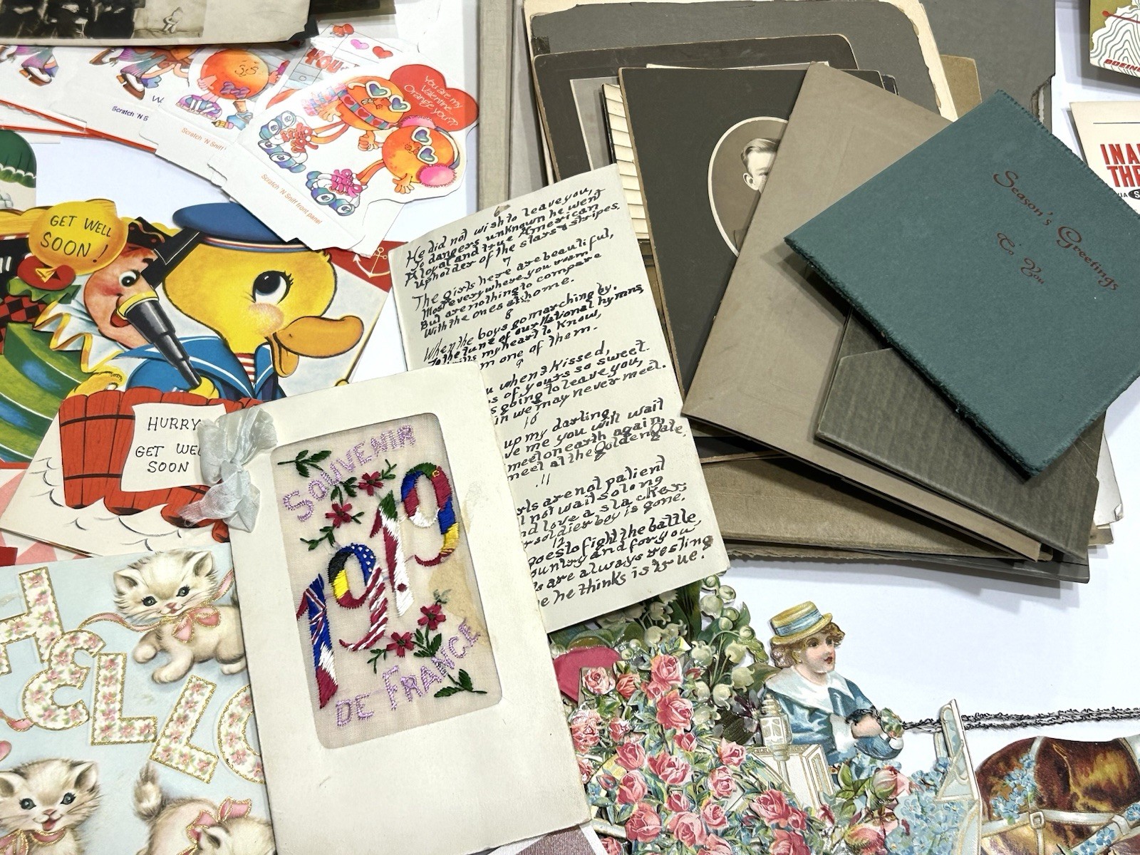 Eclectic Junk Drawer Lot Vintage Ephemera + Chachskis: Photos Cards Pins Patches