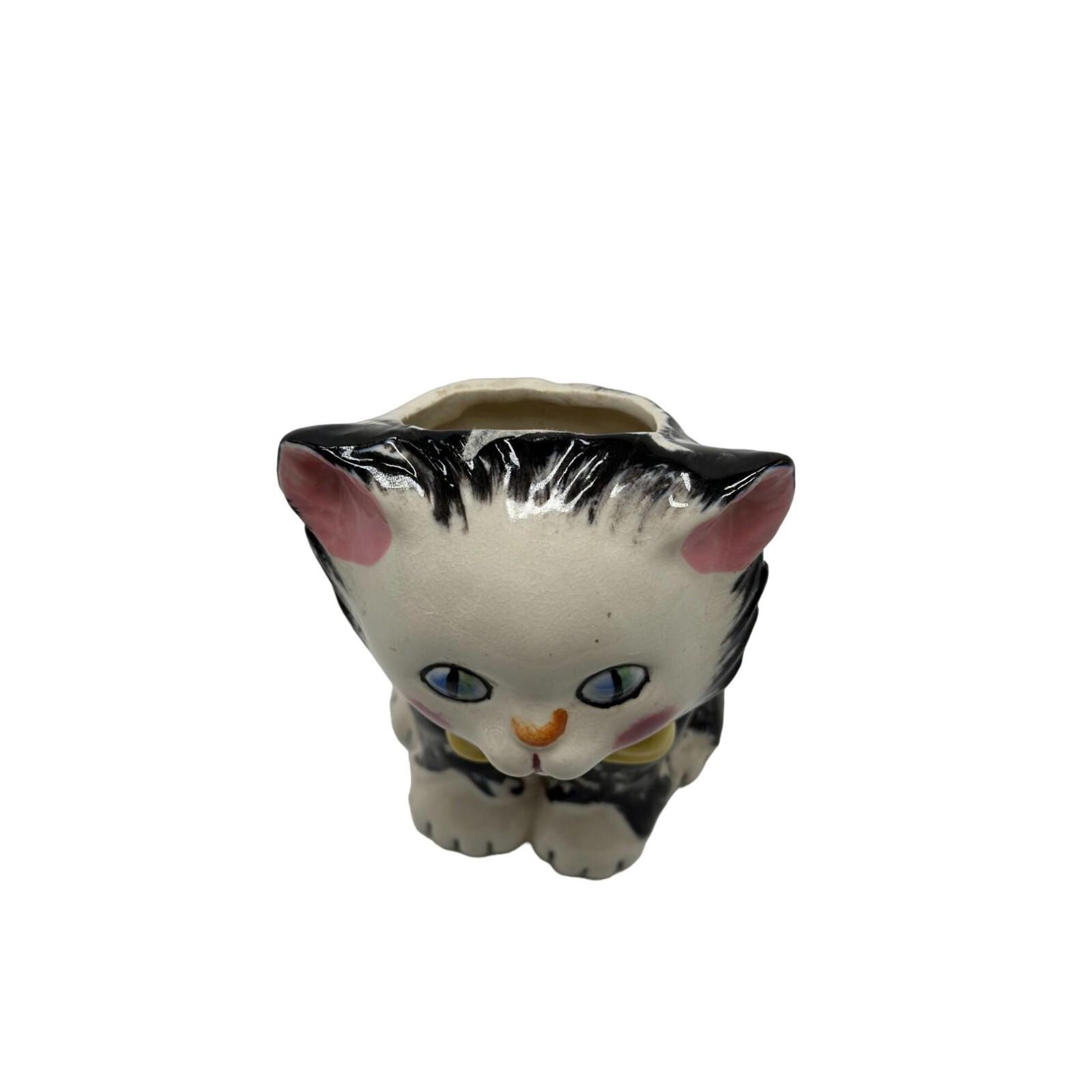 Vintage White Black Porcelain Tiger Striped Yellow Bow Blue Eyed Kitty Vase Rare