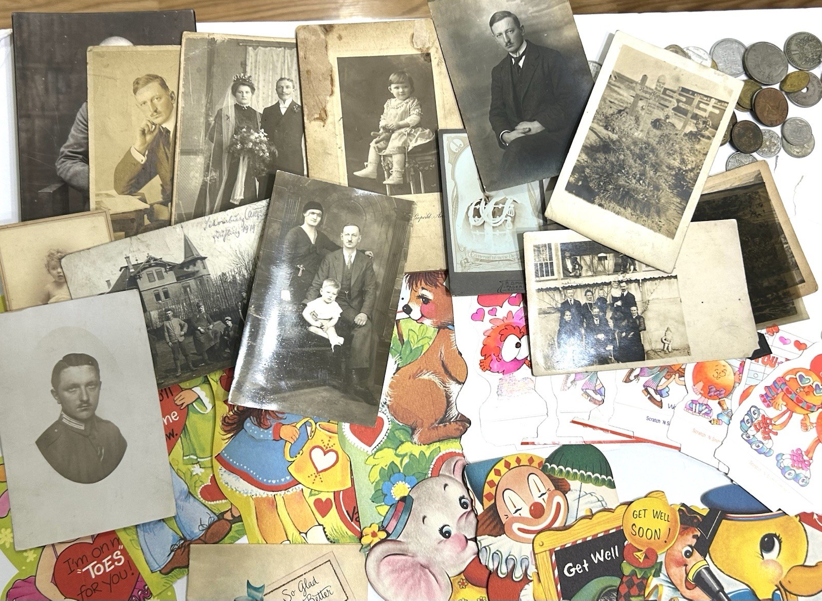 Eclectic Junk Drawer Lot Vintage Ephemera + Chachskis: Photos Cards Pins Patches