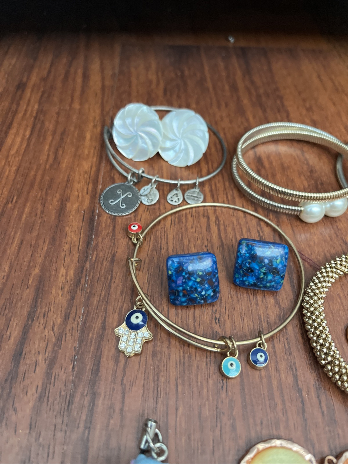 Junk Drawer Lot Vintage Jewelry Bracelets Trading Cards Brooches Misc.