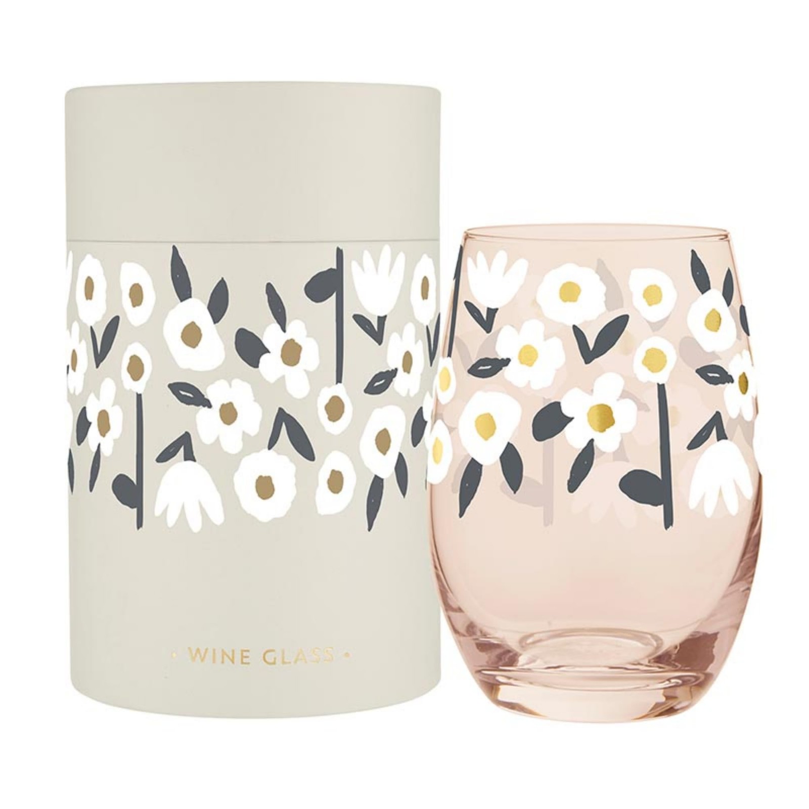 Santa Barbara Stemless Wine Glass 17oz Blush Flowers Gift Boxed Gold Foil
