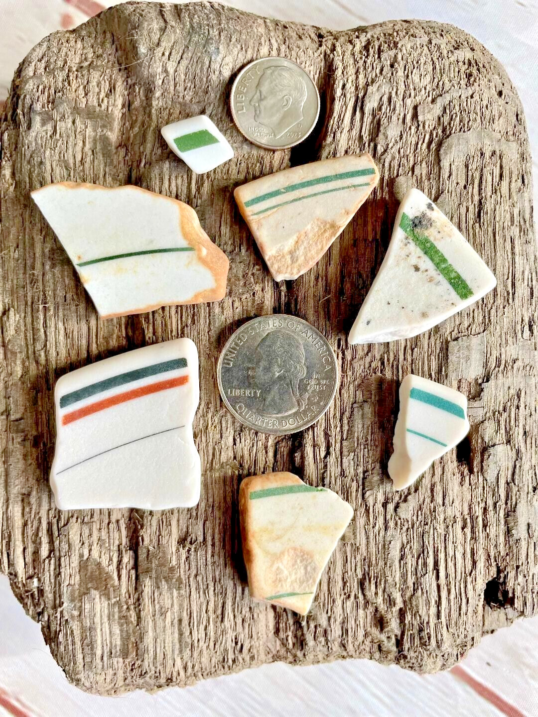 7 Pcs Genuine Surf Tumbled STRIPED Beach Pottery Pieces Multicolor