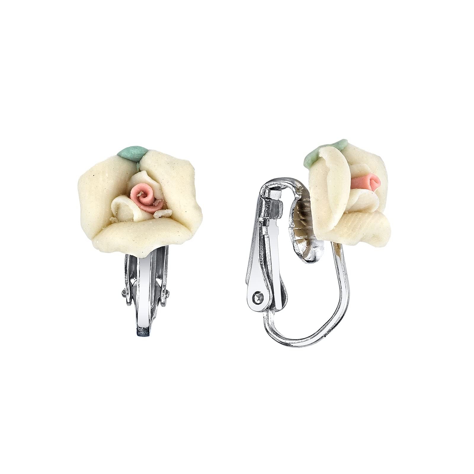 1928 Jewelry Bridal White Porcelain Rose Clip-On Earrings Women Floral Jewelry