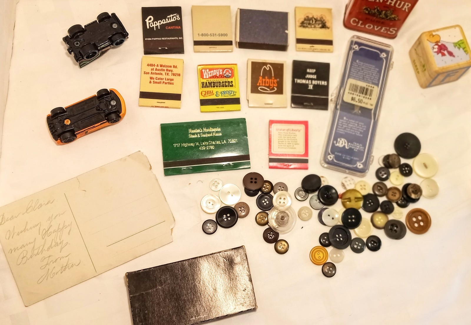 40+ Vintage Junk Drawer Lot Vintage Matches, 1914 German Card, Old Buttons Plus+