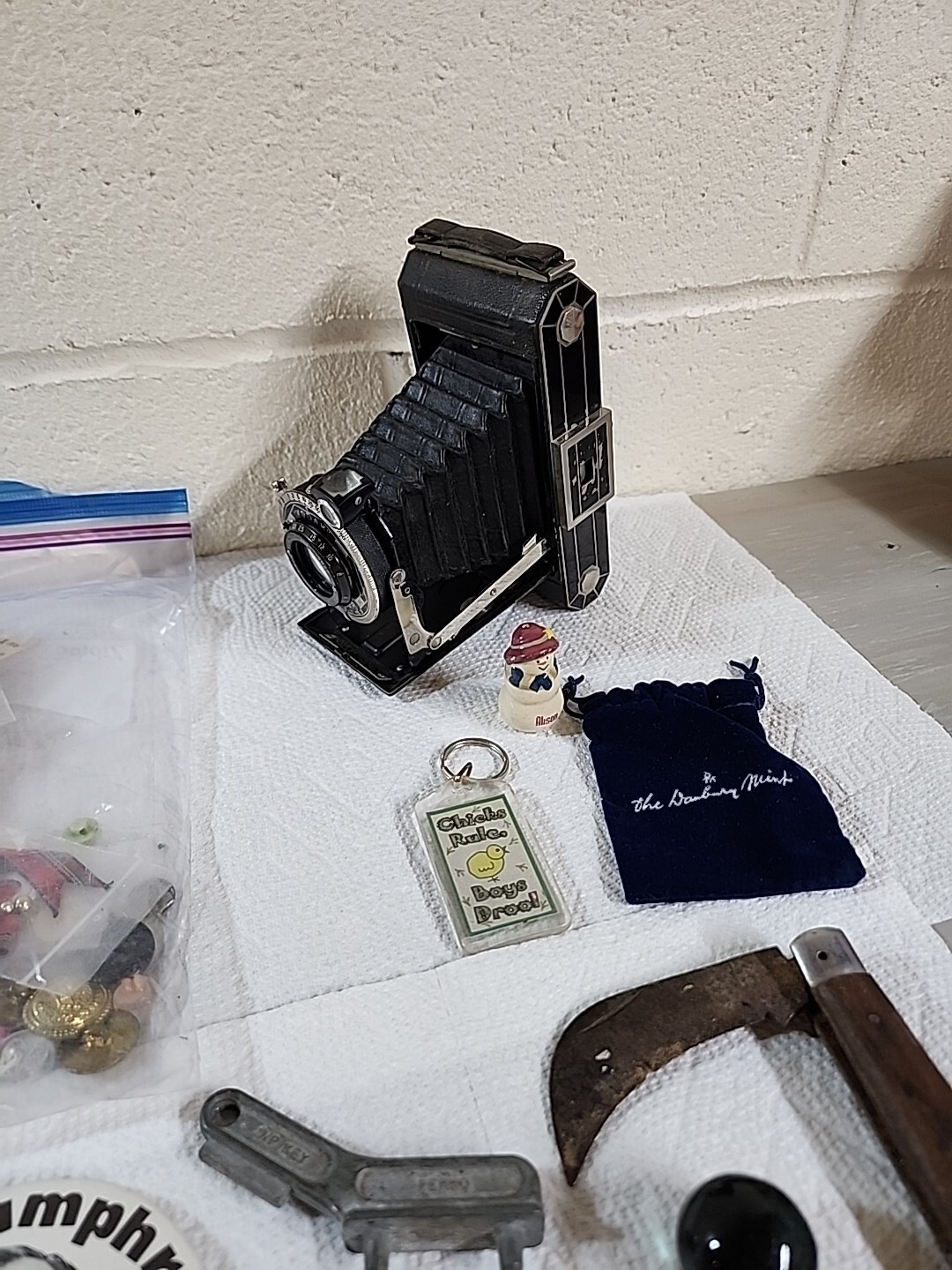 Junk Drawer Lot: Kodak Six 20 Camera Knives DC FD Buttons Fare Tokens Marble Pin