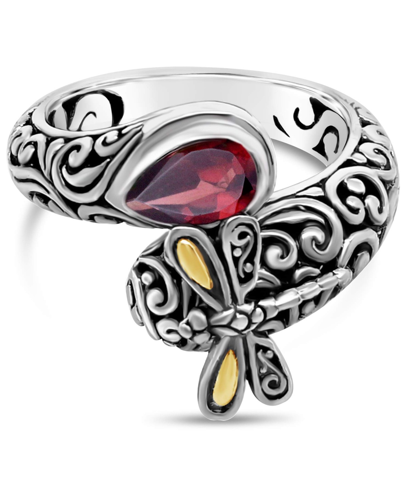 Sterling Silver 925 18K Gold Garnet Dragonfly Bali Ring SFM8537GA Size 7