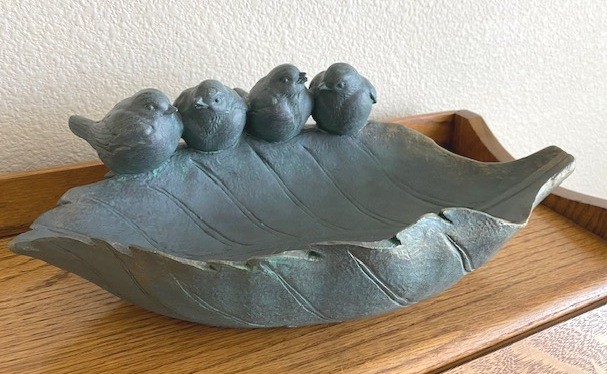 K&K Interiors Resin Patina Green & Gold Leaf Bird Feeder with 4 Birds 12.25″