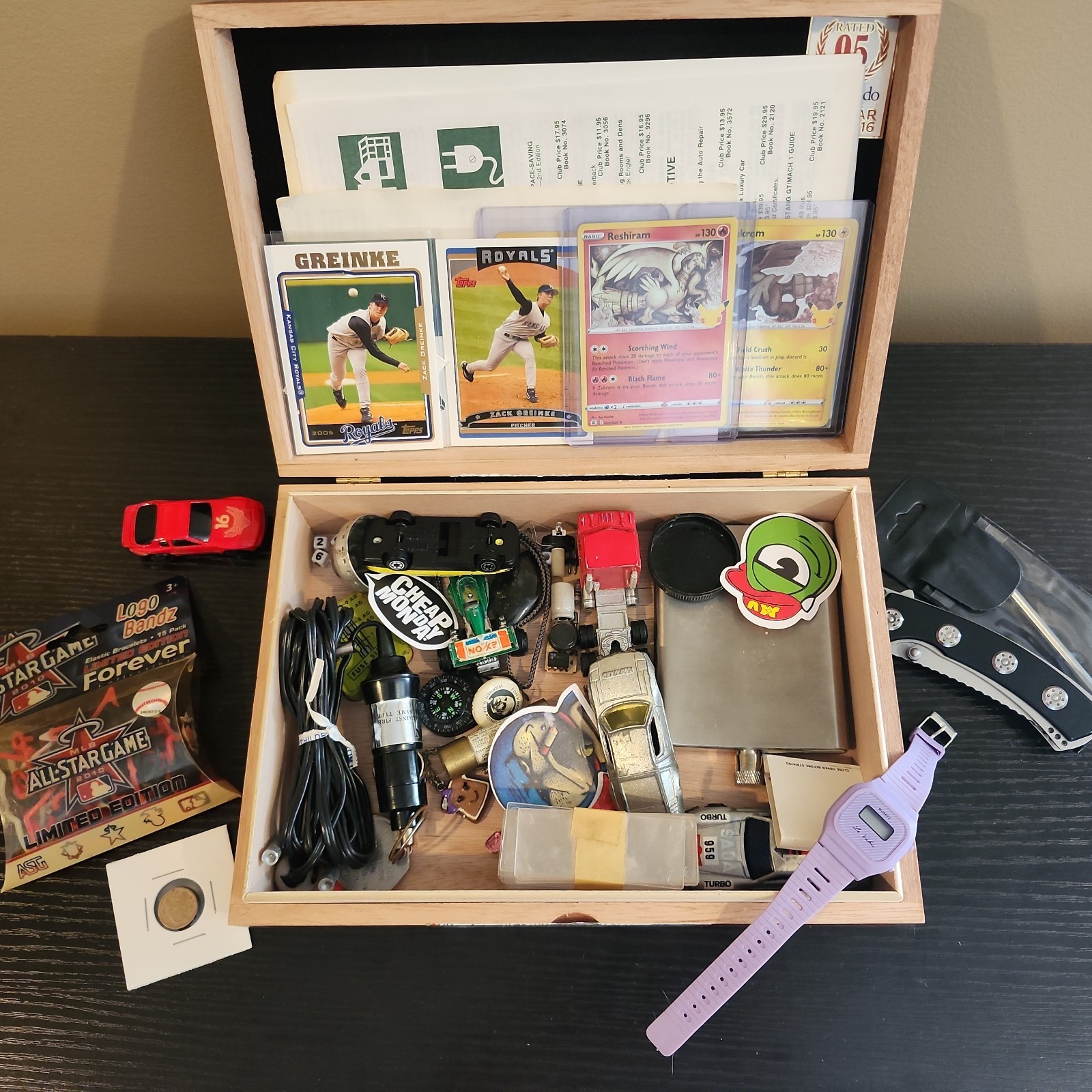 Junk Drawer Misc Lot Cigar Box Collectible Vintage Pokemon Diecast B2