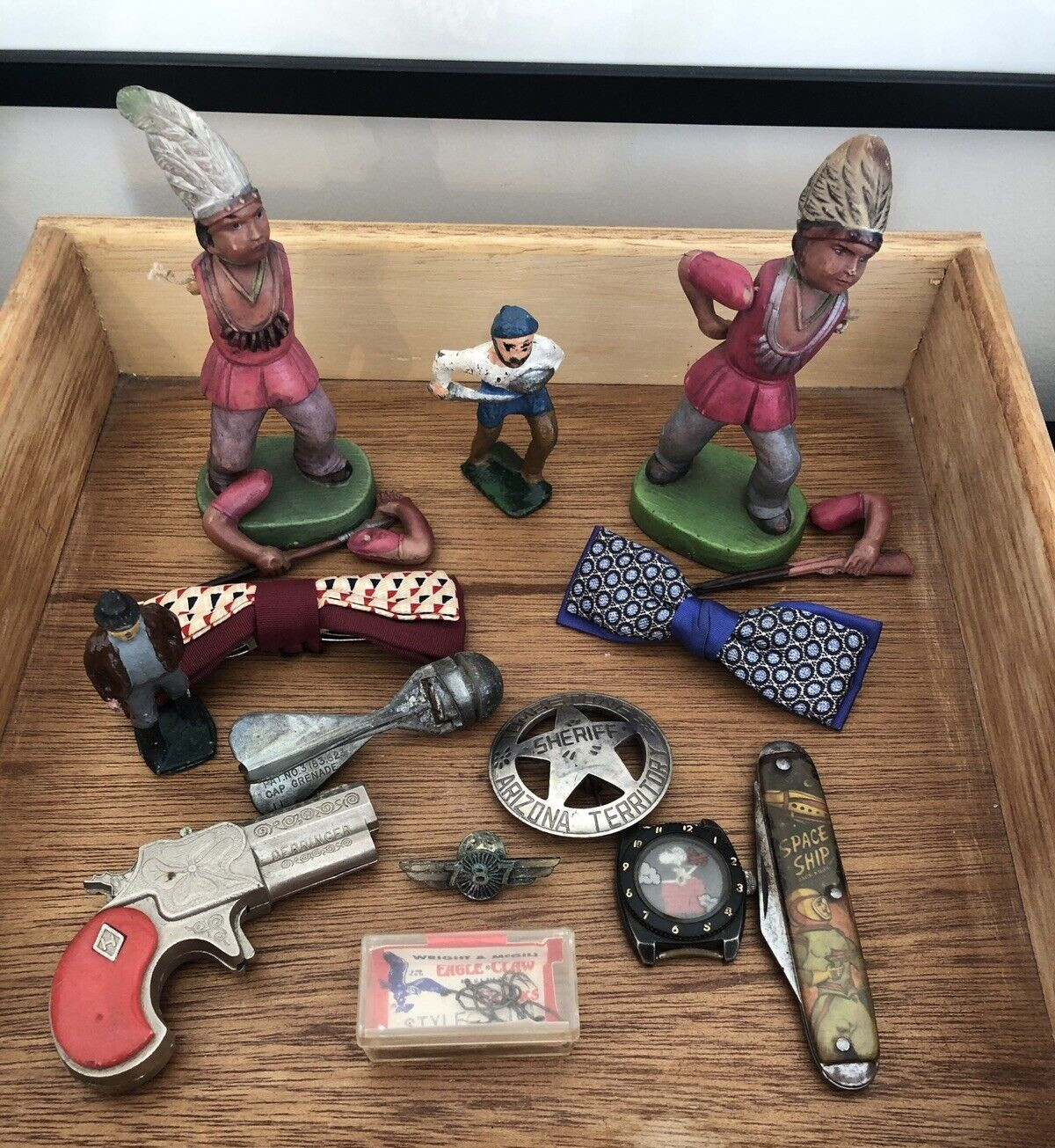 Junk Drawer Vintage Toy Lot Snoopy Watch Cap Gun Cap Grenade Pin Pirate Knife