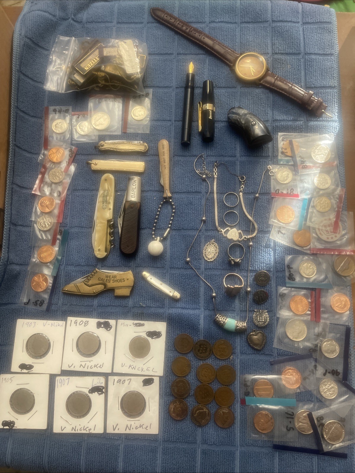 Large Lot Coins Hand full Of Sterling Silver Knives Collectables Ect